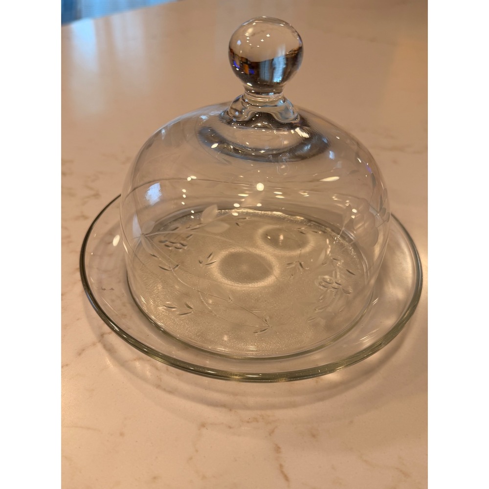 Princess House Heritage Crystal Cheese Dome and Cracker Tray Floral Etched Glass